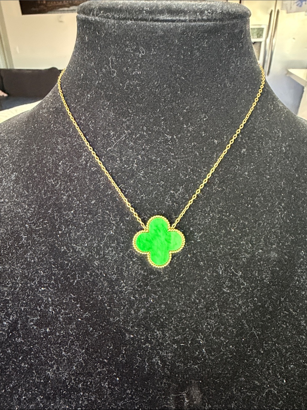 Gold Chain Necklace with Green Clover Pendant - Women Jewelry